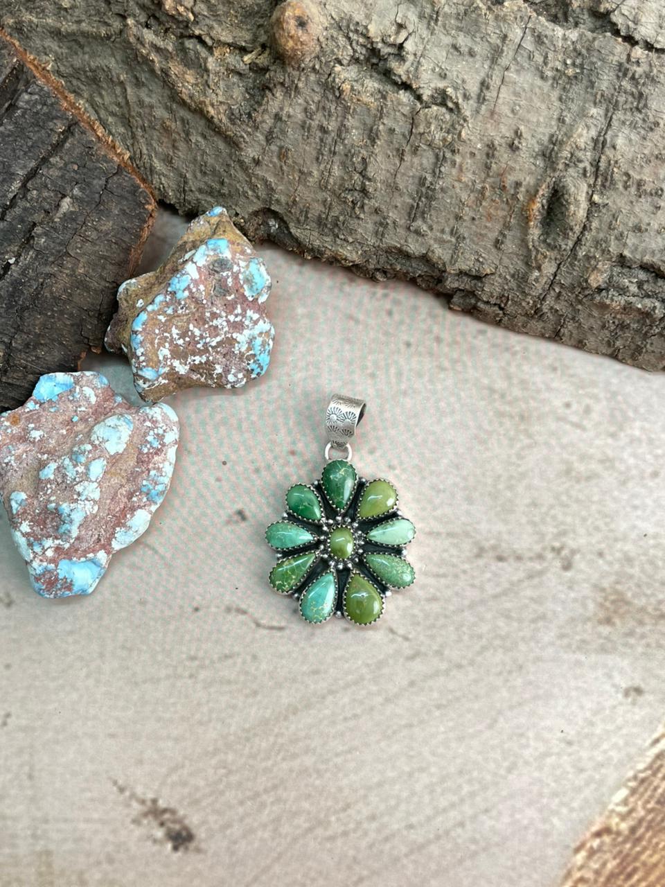 Handmade Sterling Silver Emerald Valley Turquoise Pendant with Signed Nizhoni