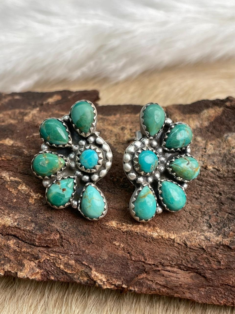 Handmade Sterling Silver Kingman Turquoise Post Studs Earrings "Signed Nizhoni"