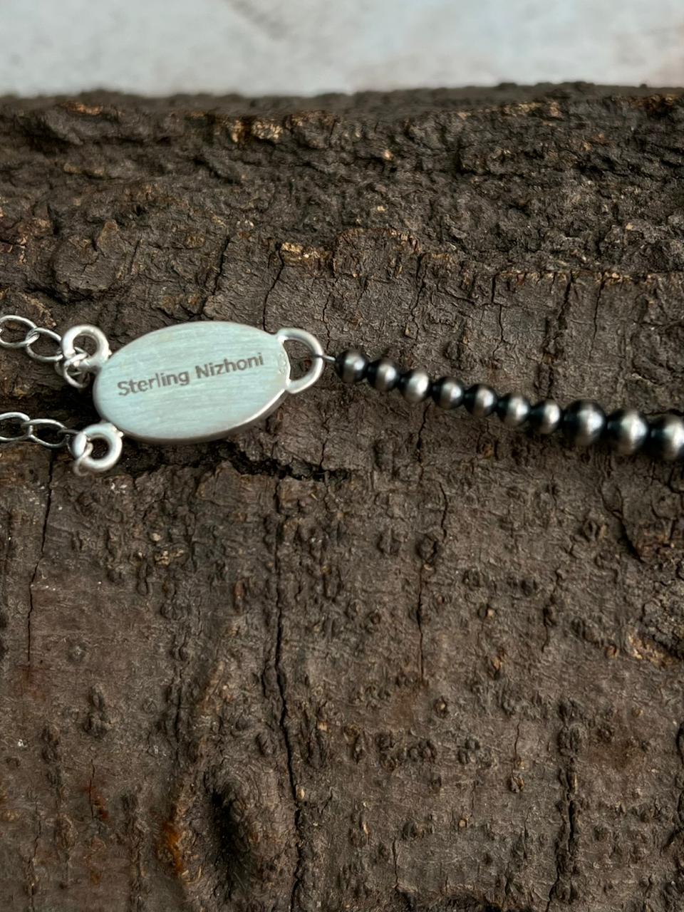 Handmade Sterling Silver Beaded Sonoran Mountain Turquoise Necklace "Signed Nizhoni"