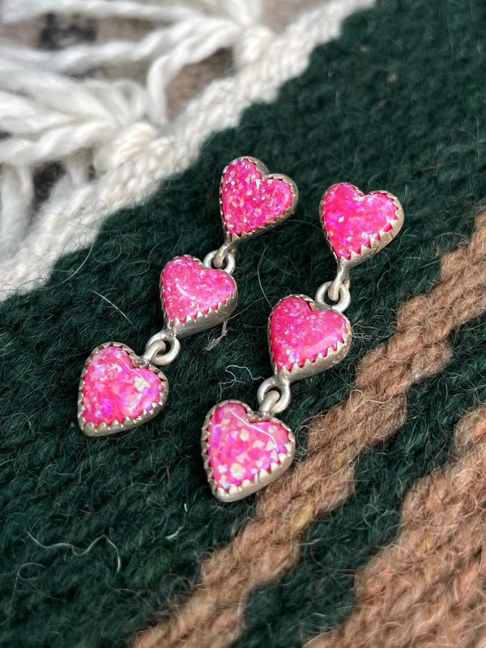 Handmade Sterling Silver Hot Pink Heart Post Dangle Earrings "Signed Nizhoni"