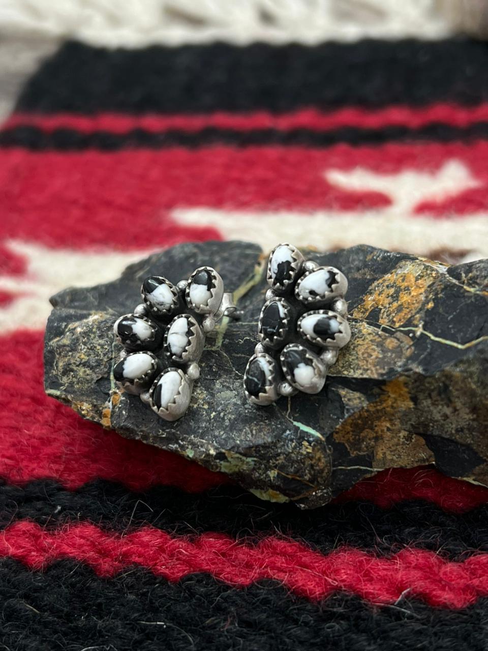 Handmade Sterling Silver White Buffalo with Red Opal Studs Earrings "Signed Nizhoni"