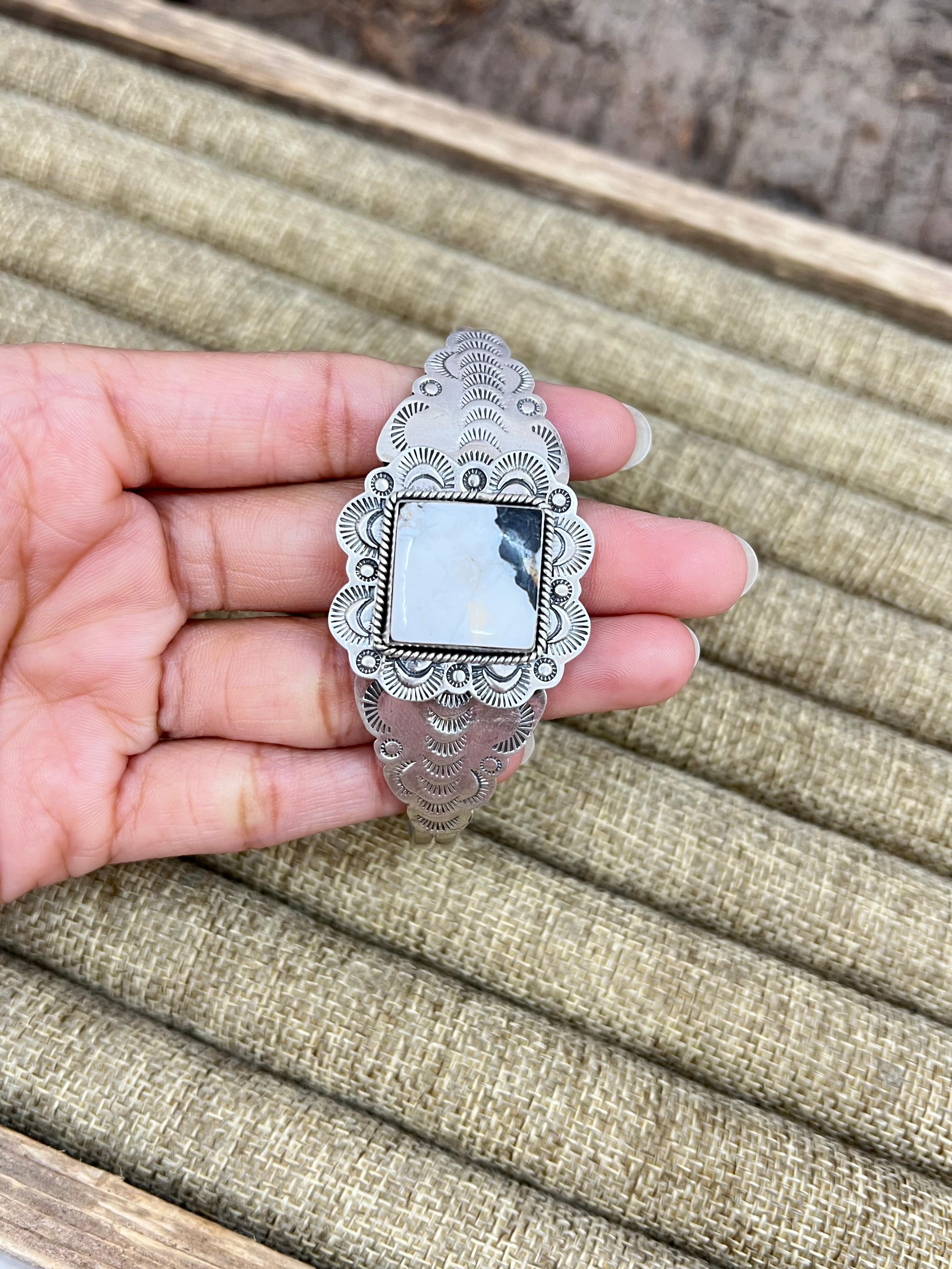 Handmade Sterling Silver White Buffalo Turquoise Cuff Bracelet with Signed Nizhoni