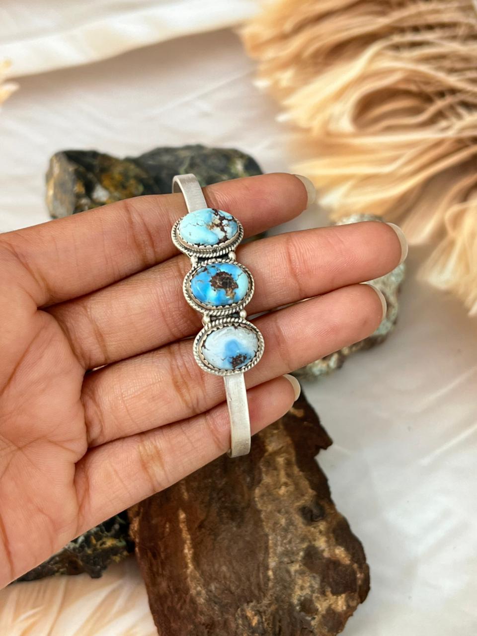 Handmade Sterling Silver Golden Hills Turquoise Bracelet "Signed Nizhoni"