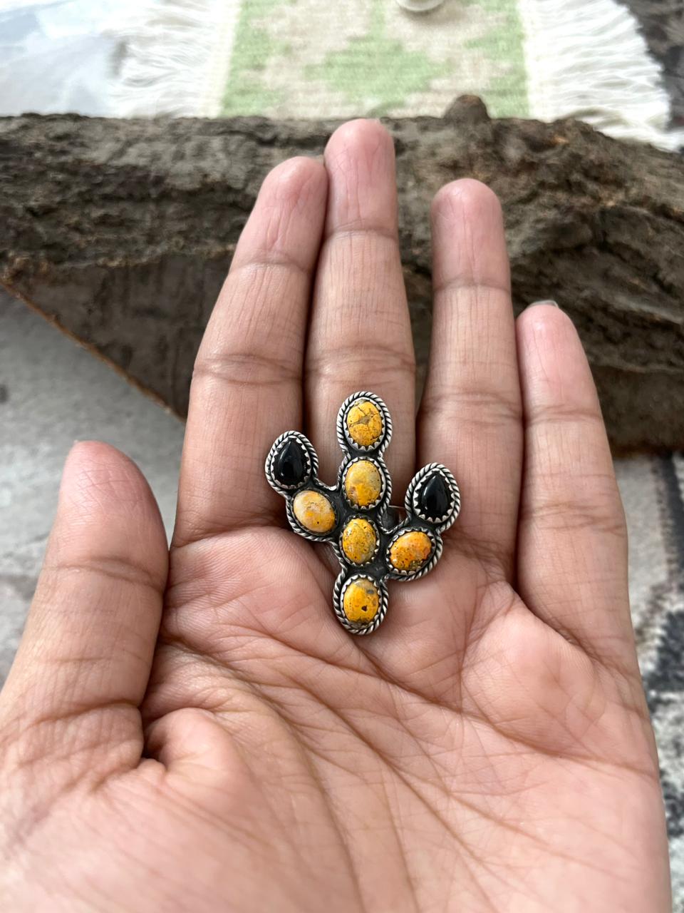 "Halloween Collection" Handmade Sterling Silver Black Onyx, Bumblebee Cactus Adjustable Ring with Signed Nizhoni