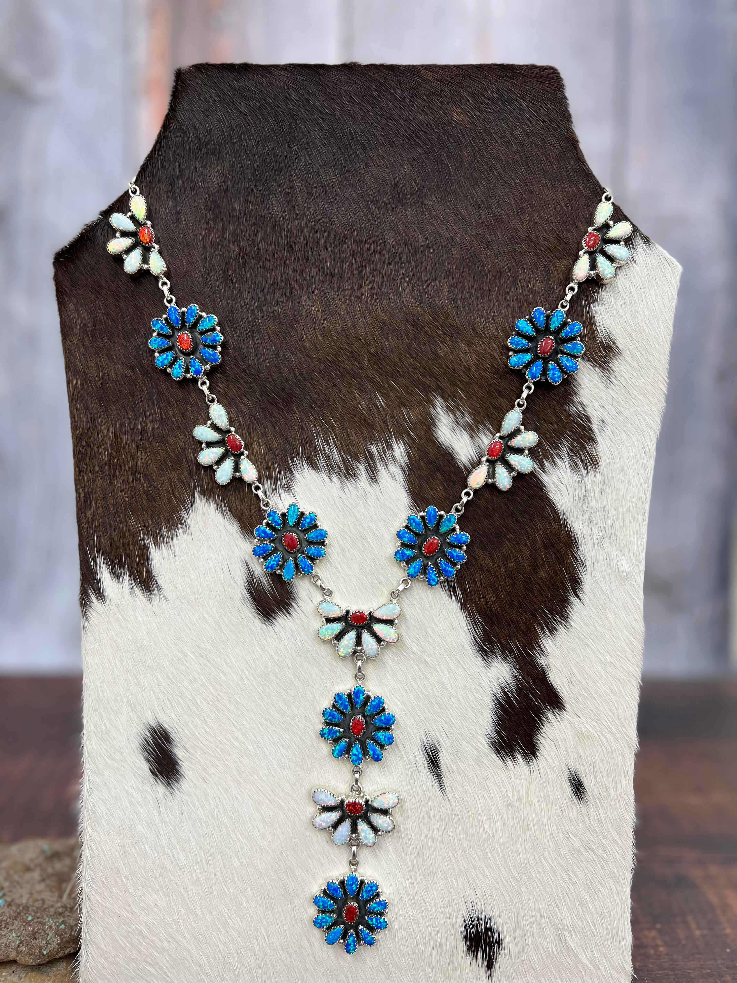 ** 4TH OF JULY ** Handmade Sterling Silver Synthetic Opal Necklace with Signed Nizhoni