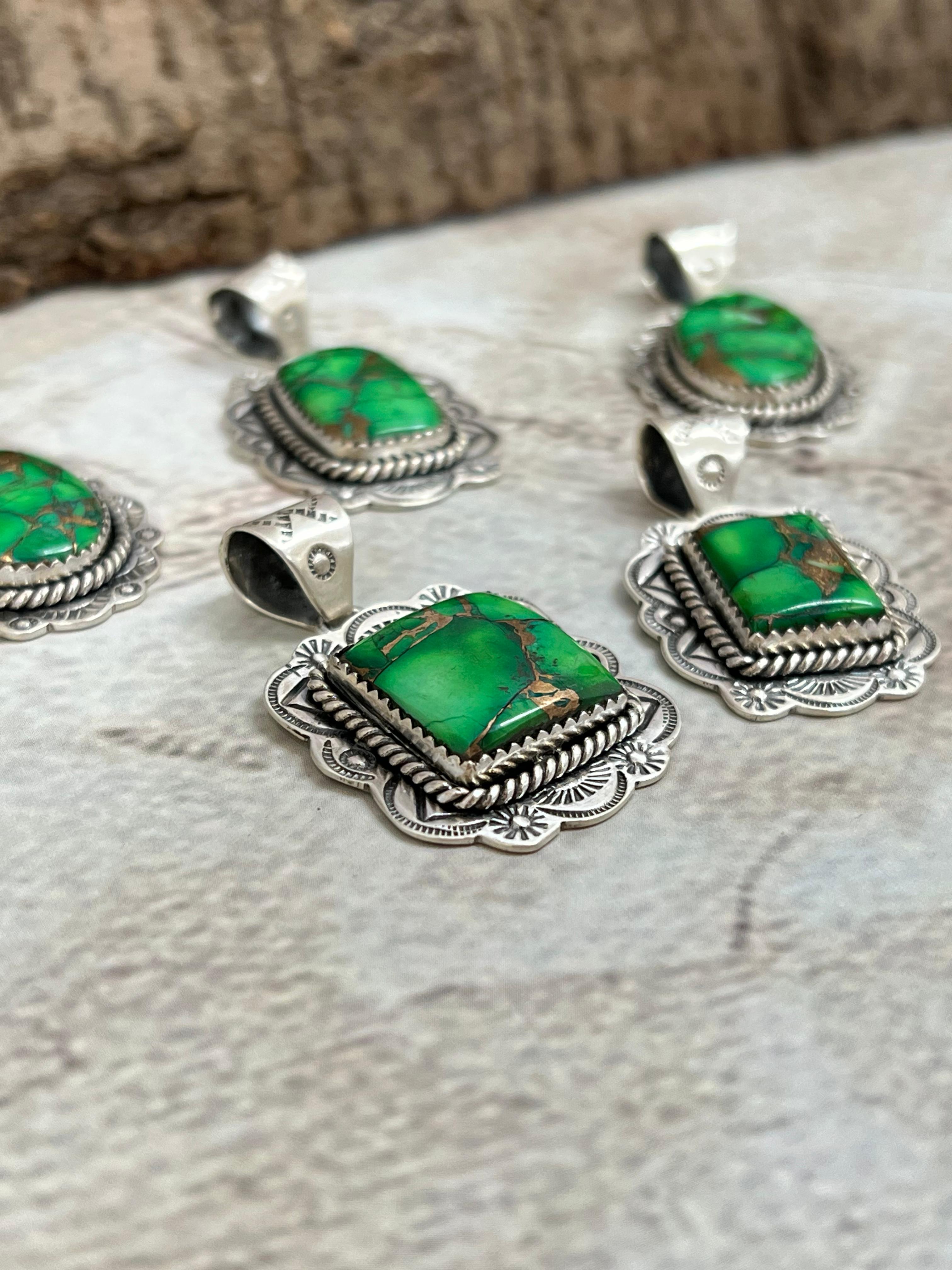 Handmade Sterling Silver Kelly Green Dahlia Pendant with Signed Nizhoni