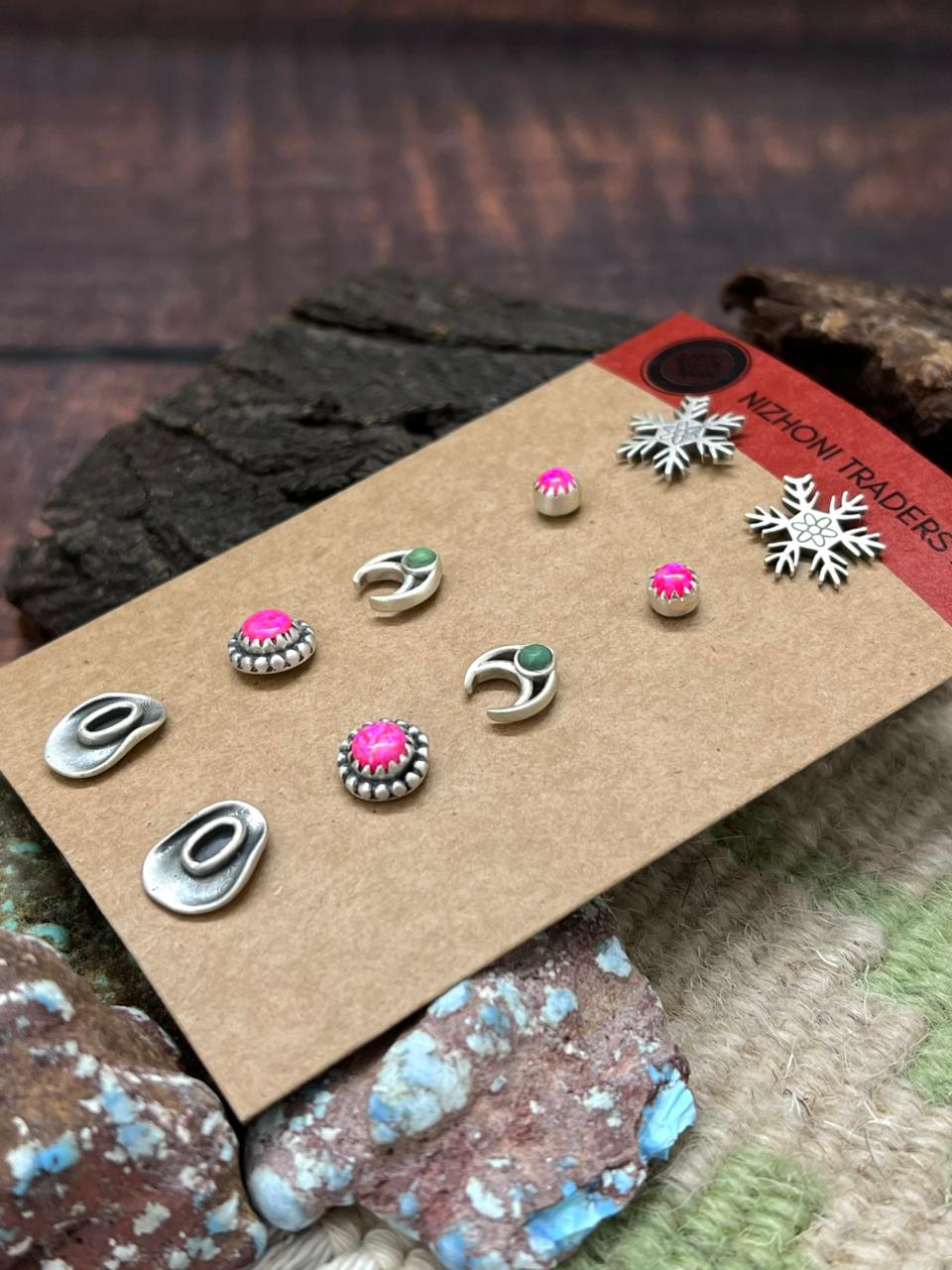 Handmade Sterling Silver Kingman Turquoise and Hot Pink Post Earring Set "Signed Nizhoni"