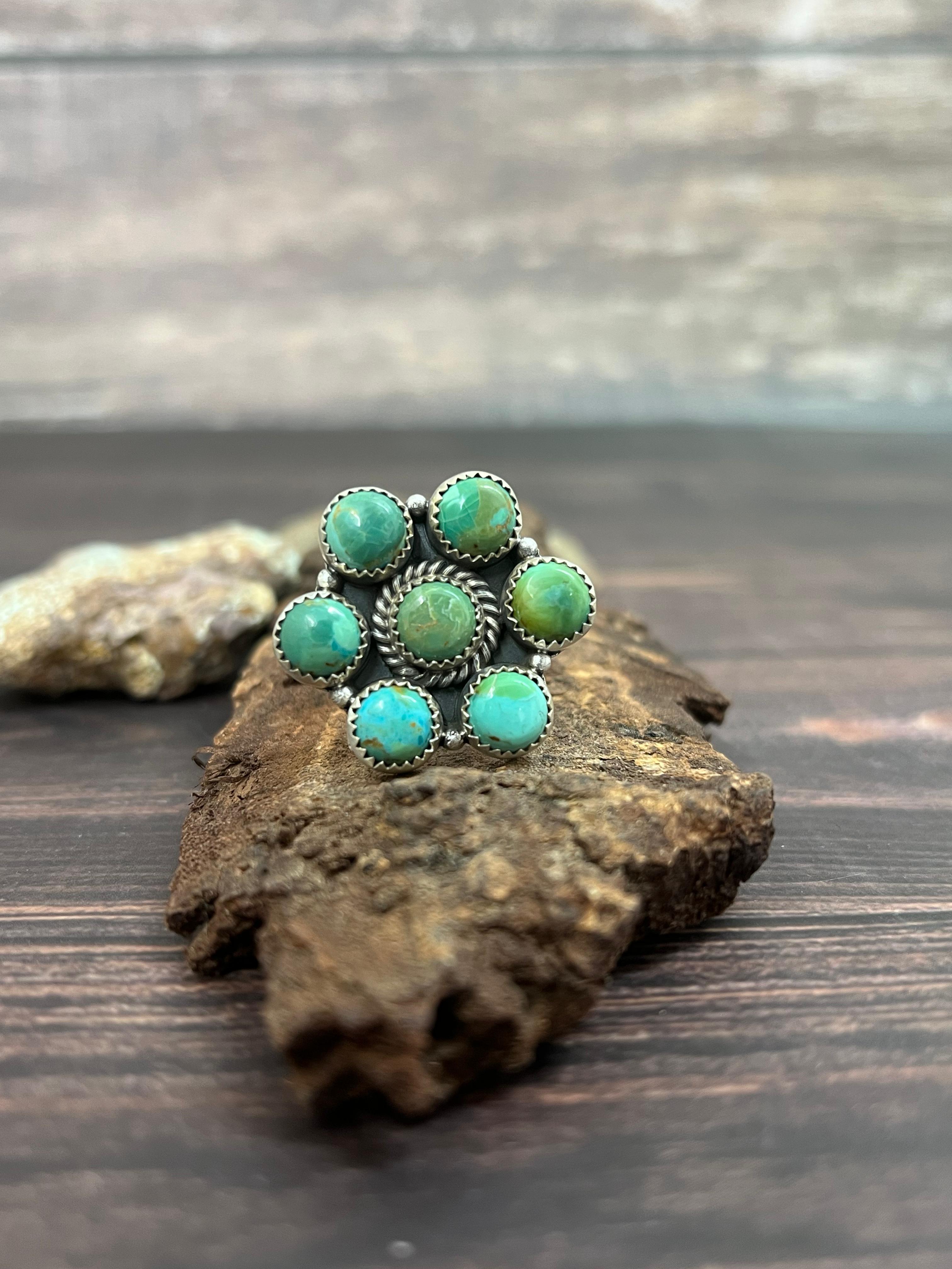 Handmade Sterling Silver Kingman Turquoise Adjustable Ring with Signed Nizhoni