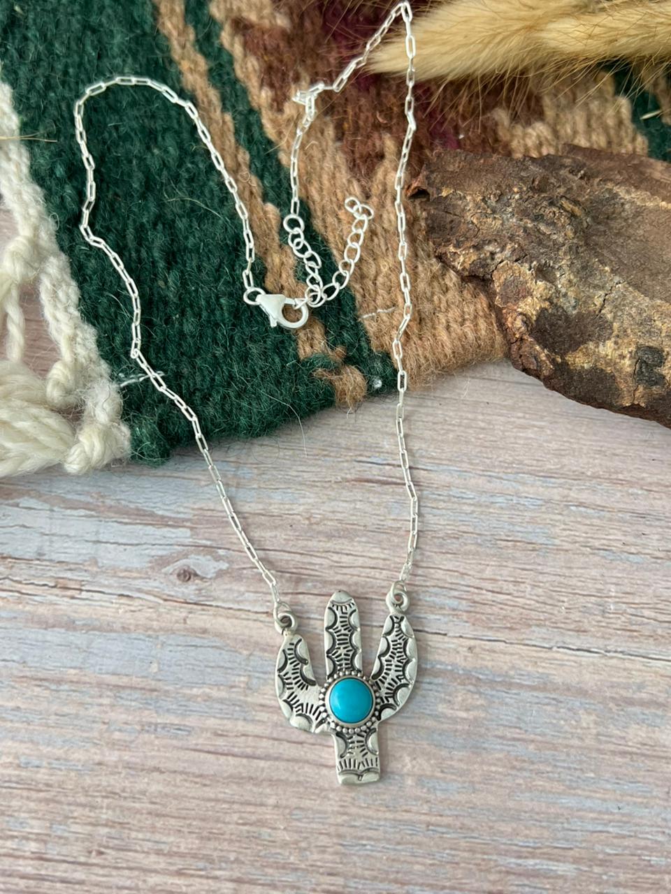 Handmade Sterling Silver Kingman Turquoise Cactus Necklace "Signed Nizhoni"