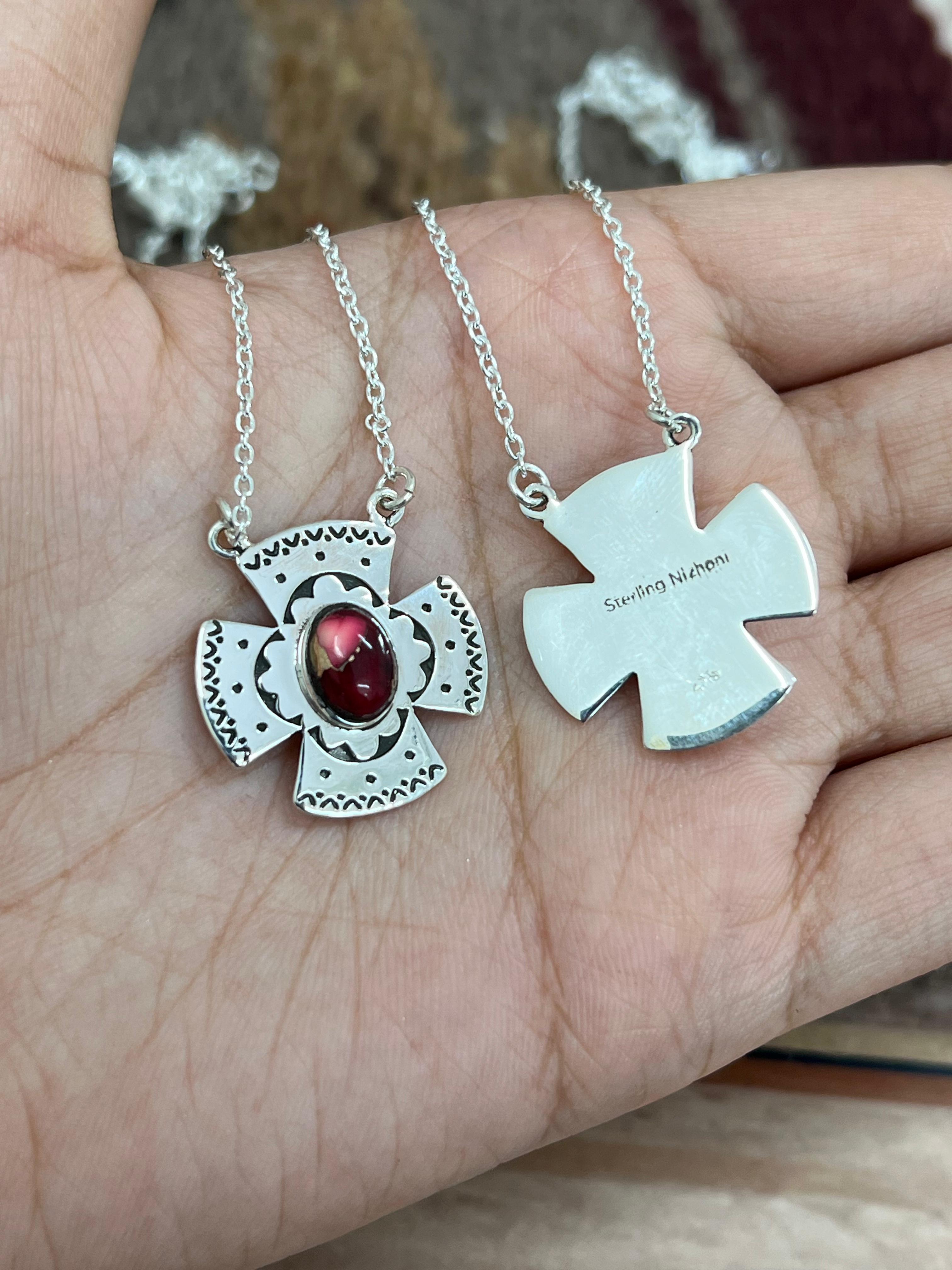 Handmade Sterling Silver Cotton Candy Turquoise, Dahlia Rose Necklace with Signed Nizhoni