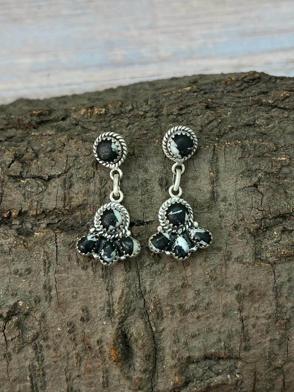 Handmade Sterling Silver White Buffalo Post Dangle Earrings "Signed Nizhoni"