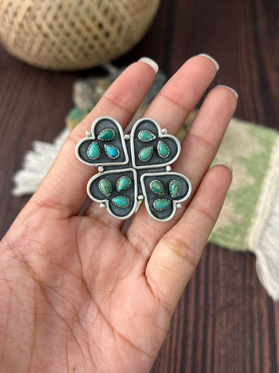 Handmade Sterling Silver Kingman Turquoise Flower Adjustable Ring "Signed Nizhoni"