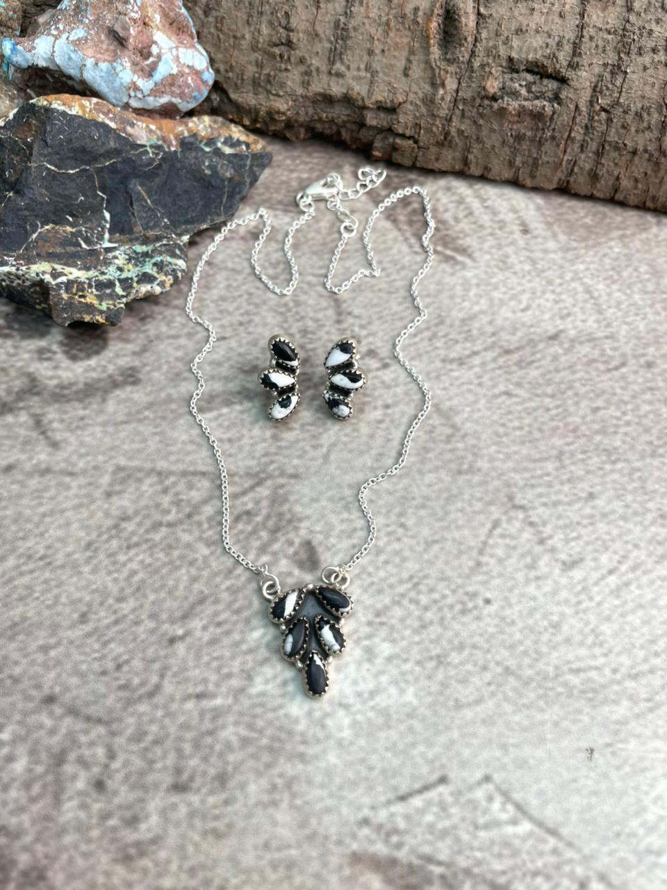 Handmade Sterling Silver White Buffalo Necklace Earrings Set "Signed Nizhoni"