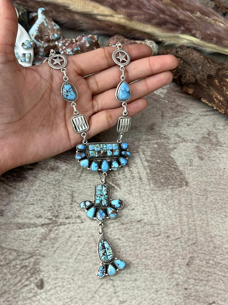Handmade Sterling Silver 'Golden Hills Turquoise Cobble Collection' Necklace "Signed Nizhoni"