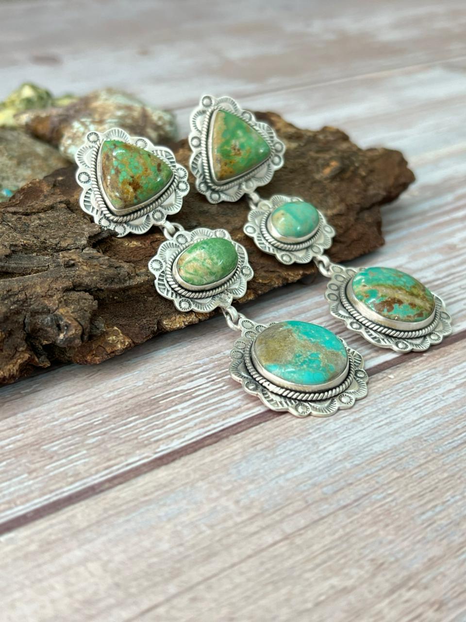 Handmade Sterling Silver Mantis Turquoise Post Dangle Earrings with Signed Nizhoni