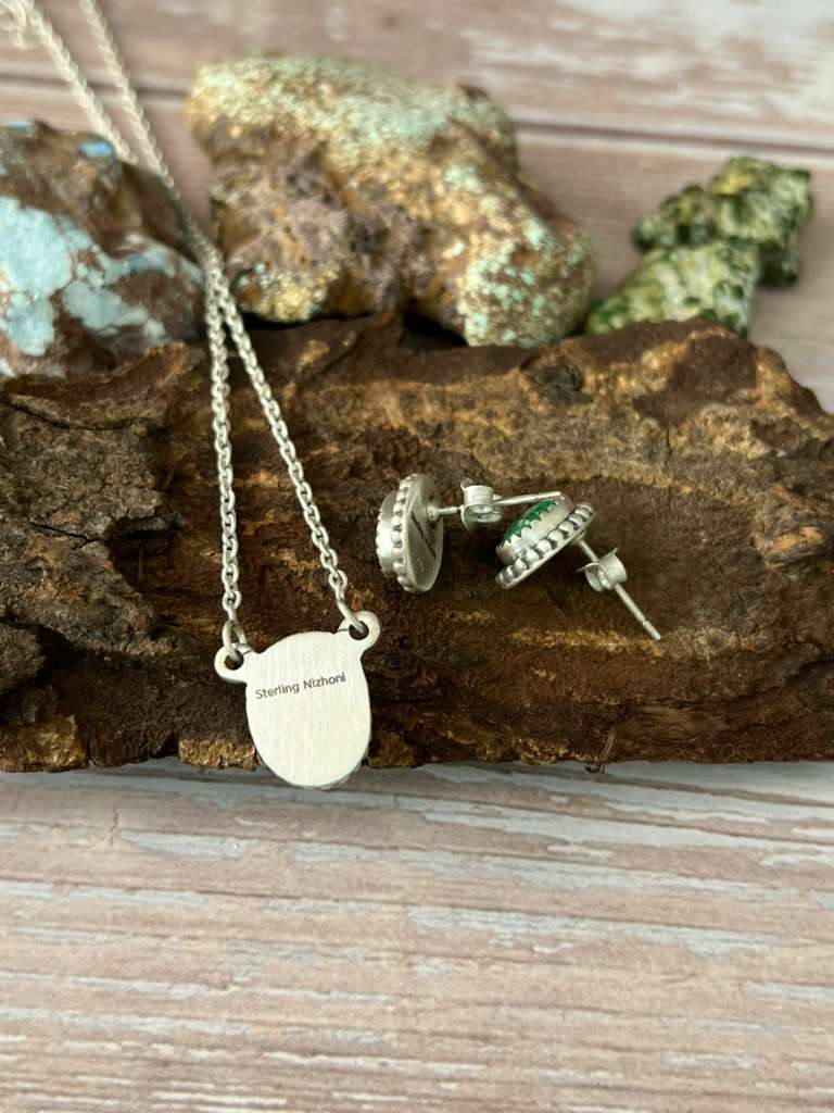 Handmade Sterling Silver Emerald Valley Turquoise Necklace Earrings Set with Signed Nizhoni (2)