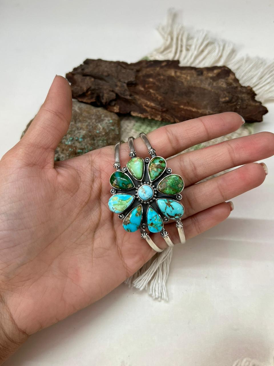 Handmade Sterling Silver Sonoran Mountain with White Water Turquoise Cuff Bracelet "Signed Nizhoni"