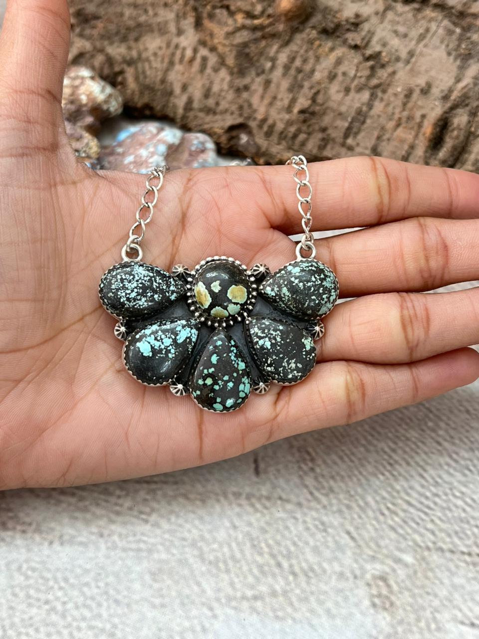 Handmade Sterling Silver Lander Turquoise Necklace with Signed Nizhoni