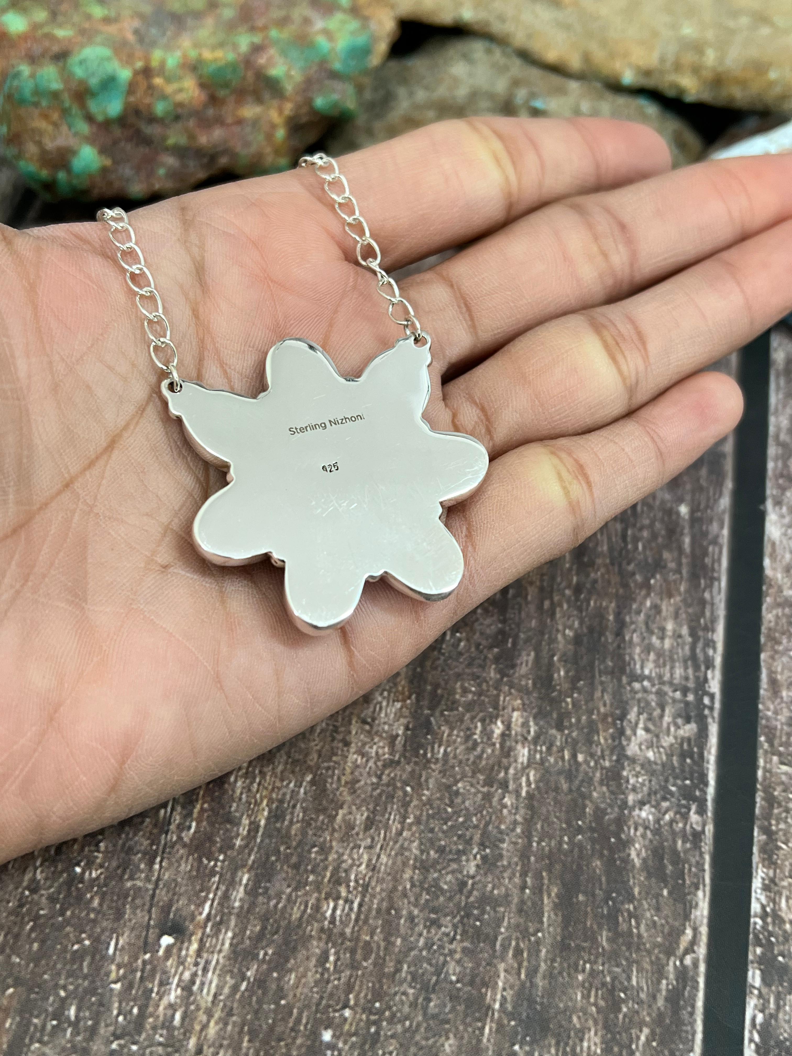 Handmade Sterling Silver Dahlia Rose with Druzy Necklace with Signed Nizhoni