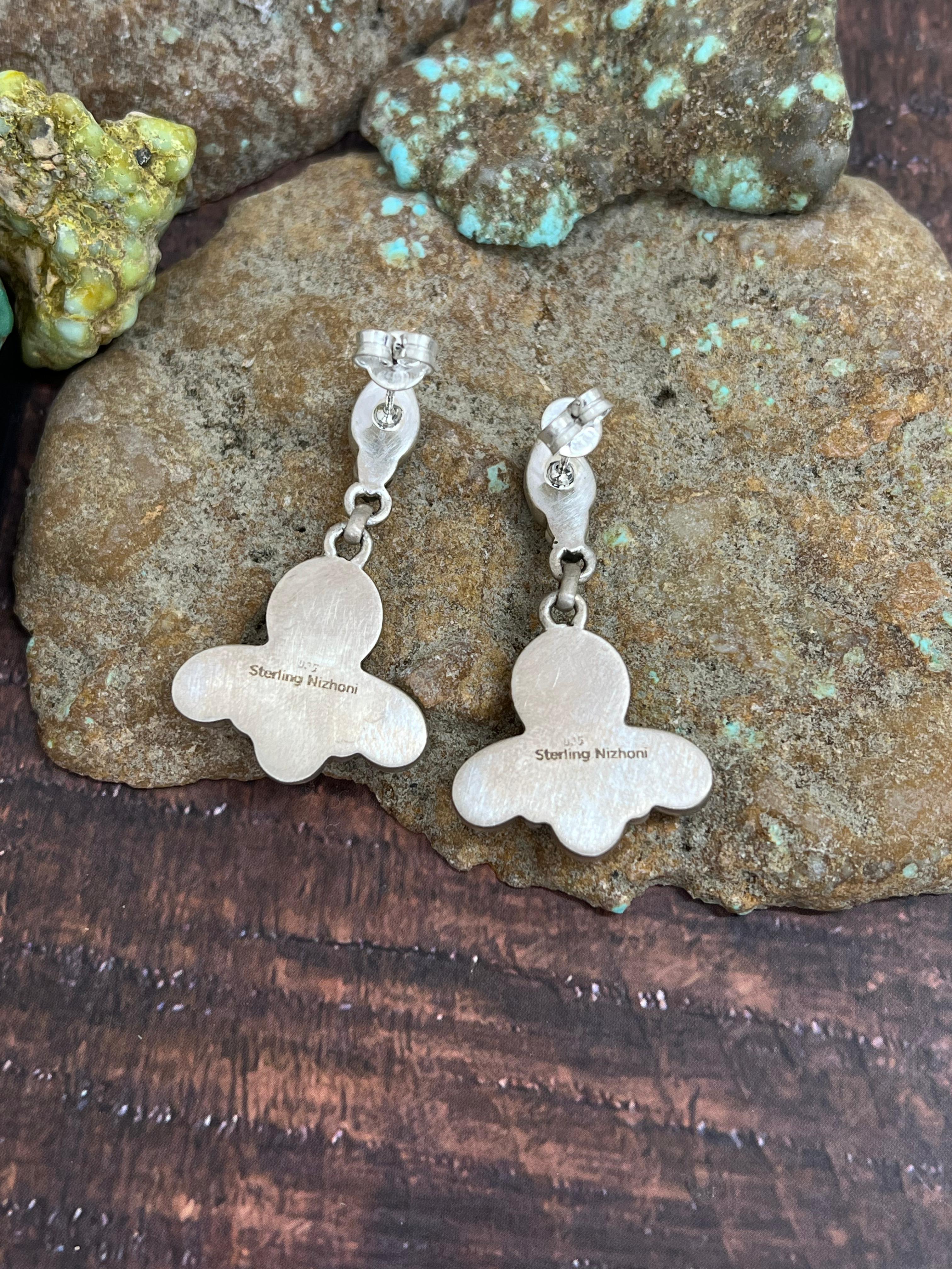 Handmade Sterling Silver Cotton Candy Turquoise Dangle Earrings with Signed Nizhoni