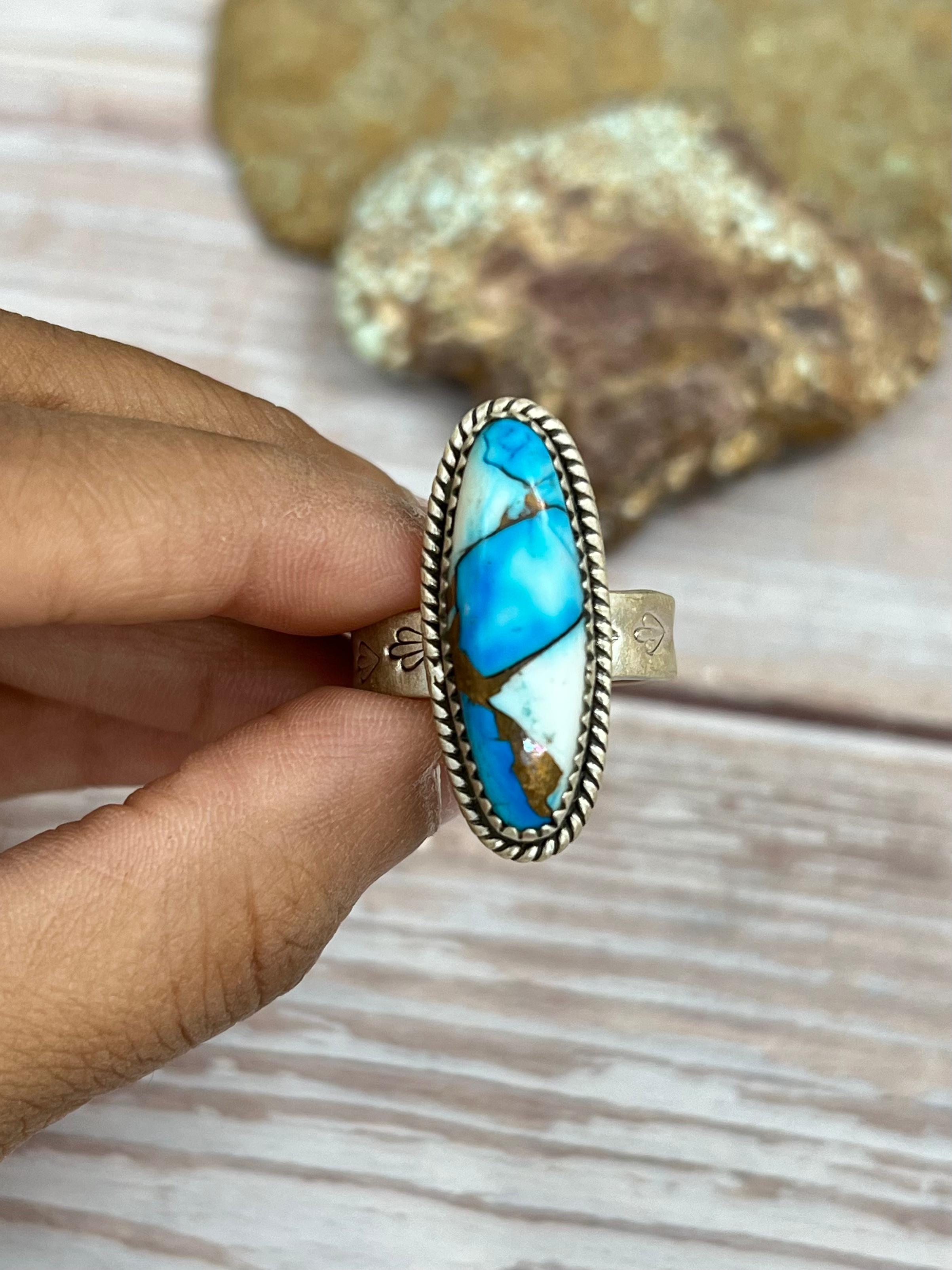 Handmade Sterling Silver Blue Ice Dahlia Adjustable Ring with Signed Nizhoni