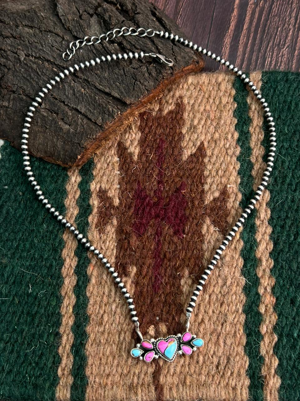"Heart Collection" Handmade Sterling Silver Beaded Cotton Candy Necklace "Signed Nizhoni"