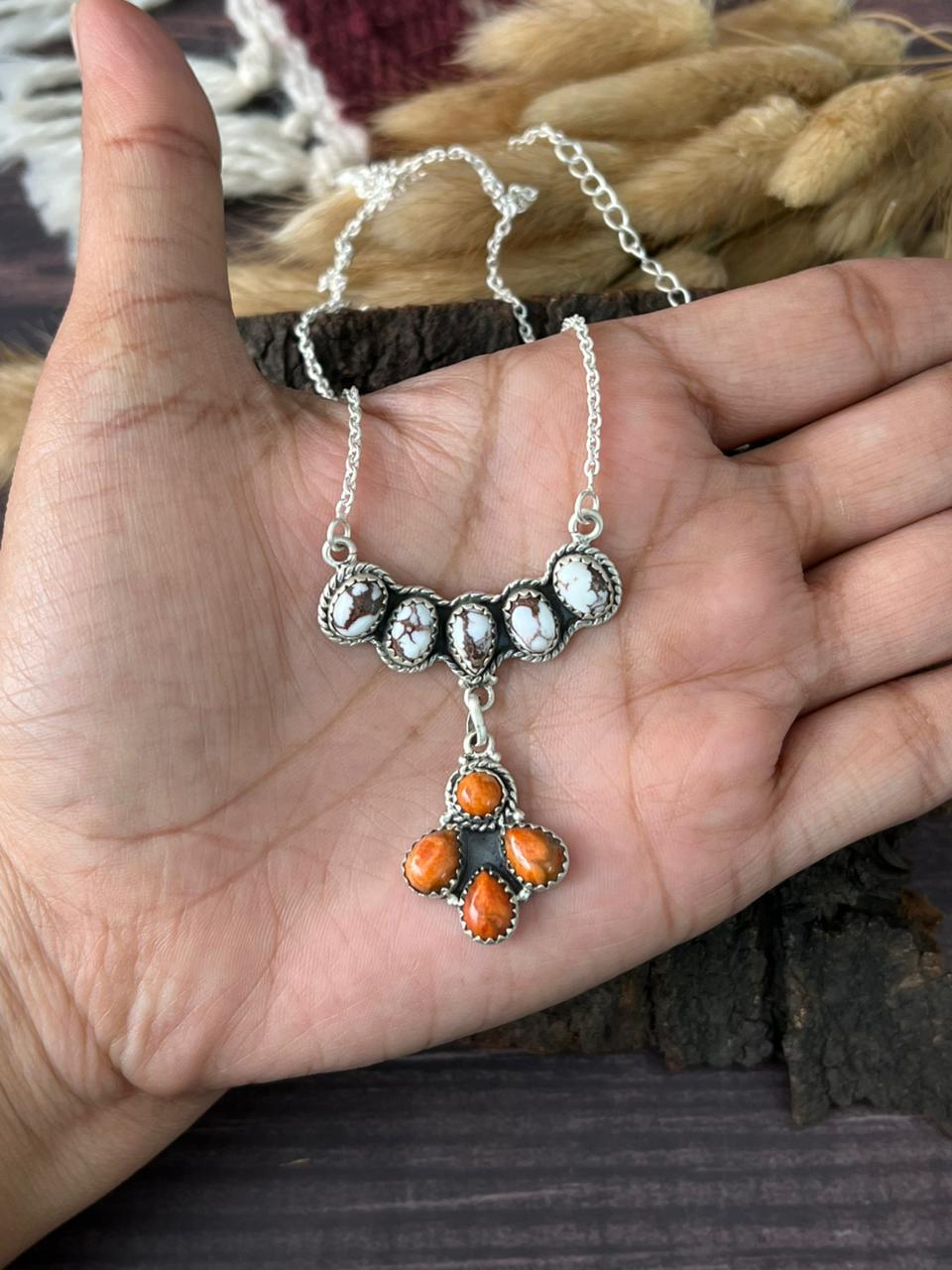 Handmade Sterling Silver Orange Mojave with Wildhorse Magnesite Necklace "Signed Nizhoni"