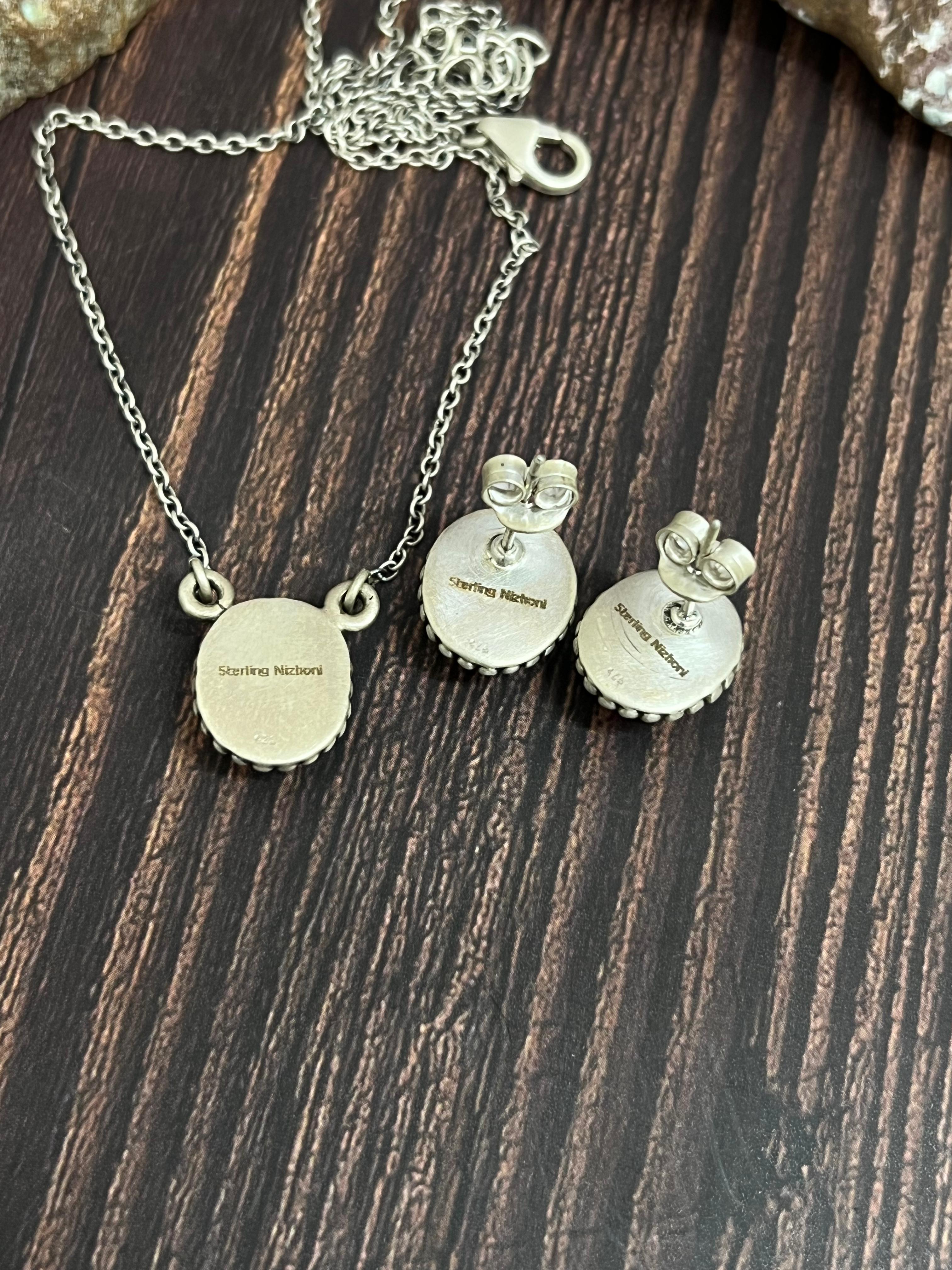 Handmade Sterling Silver Cotton Candy Turquoise Necklace Earrings Set, Signed Nizhoni (6)