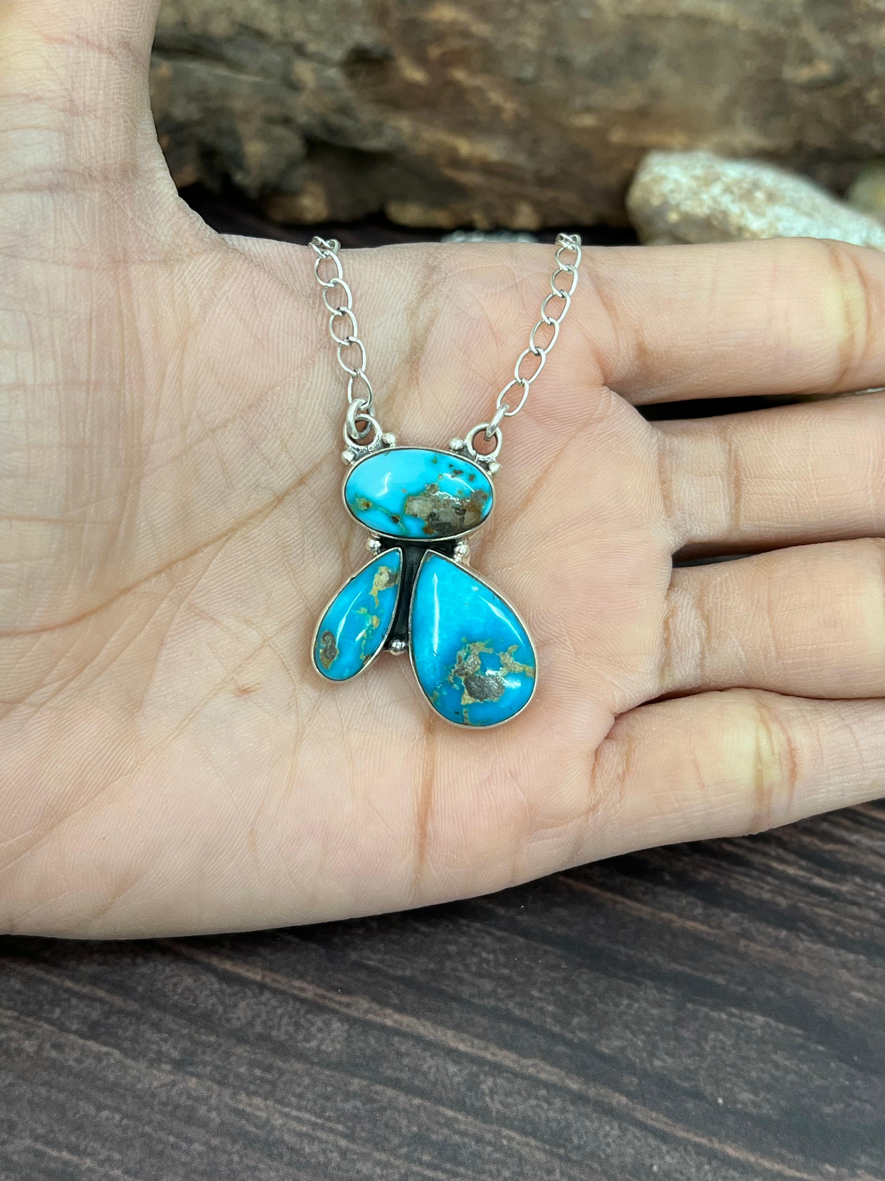 Handmade Sterling Silver South Hill Turquoise Necklace with Signed Nizhoni