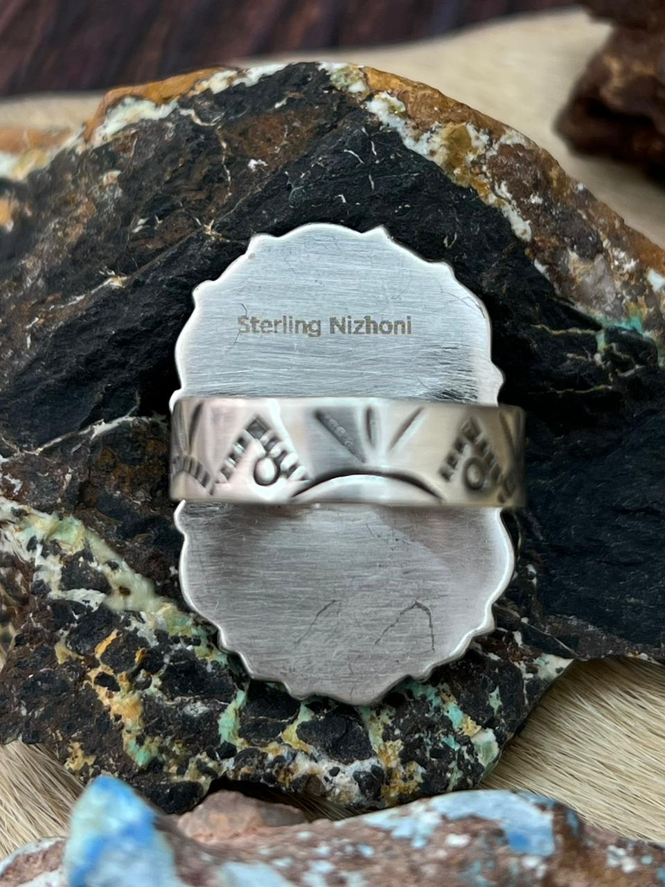 Handmade Sterling Silver Kingman Turquoise Adjustable Ring "Signed Nizhoni"