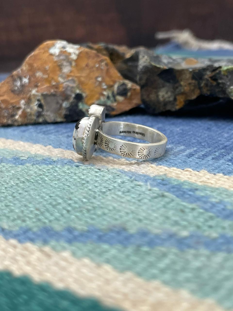 Handmade Sterling Silver White Buffalo Turquoise Adjustable Ring " Signed Nizhoni"