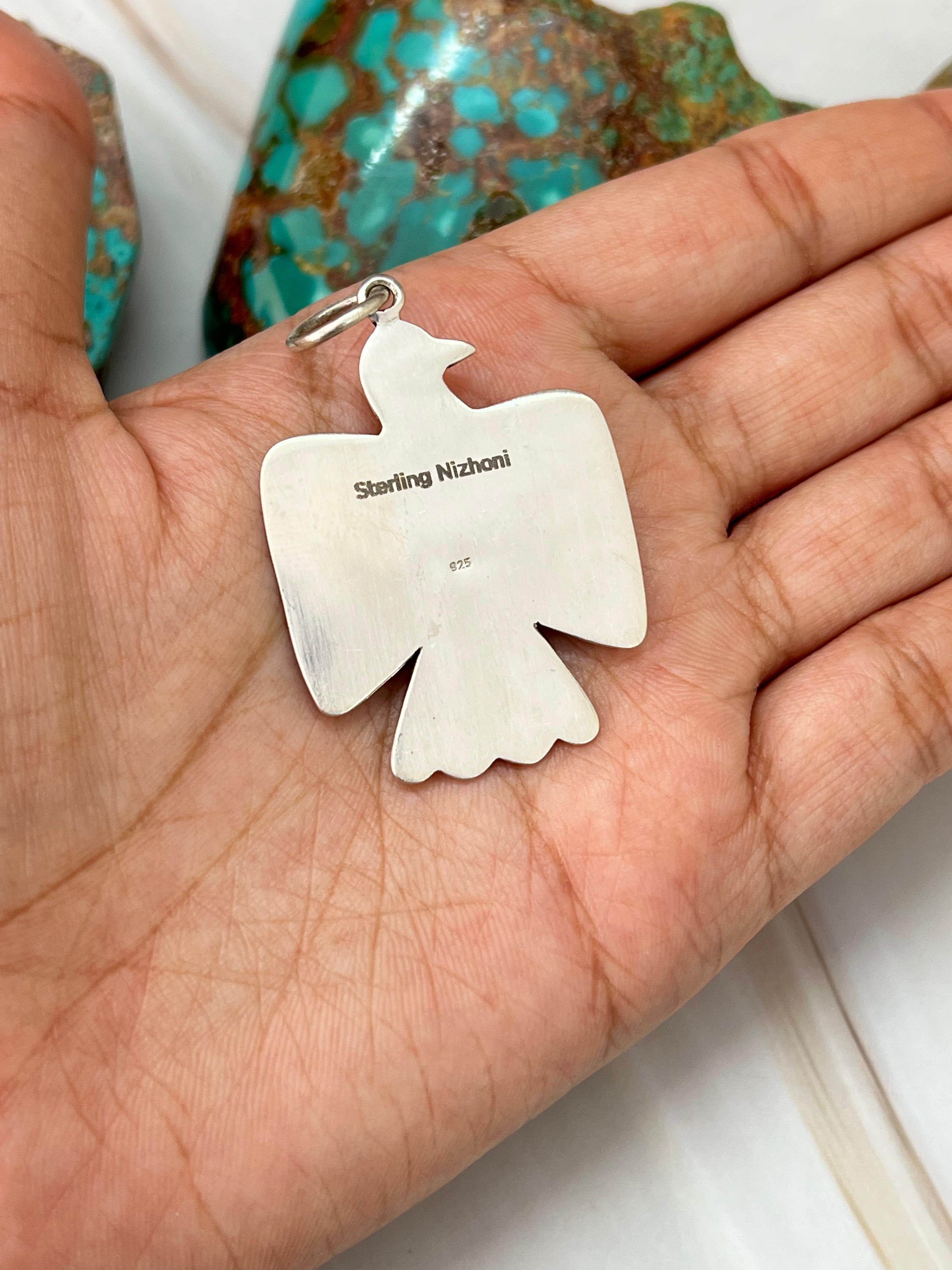 Handmade Sterling Silver Thunder Bird Kingman Turquoise Charms with Signed Nizhoni