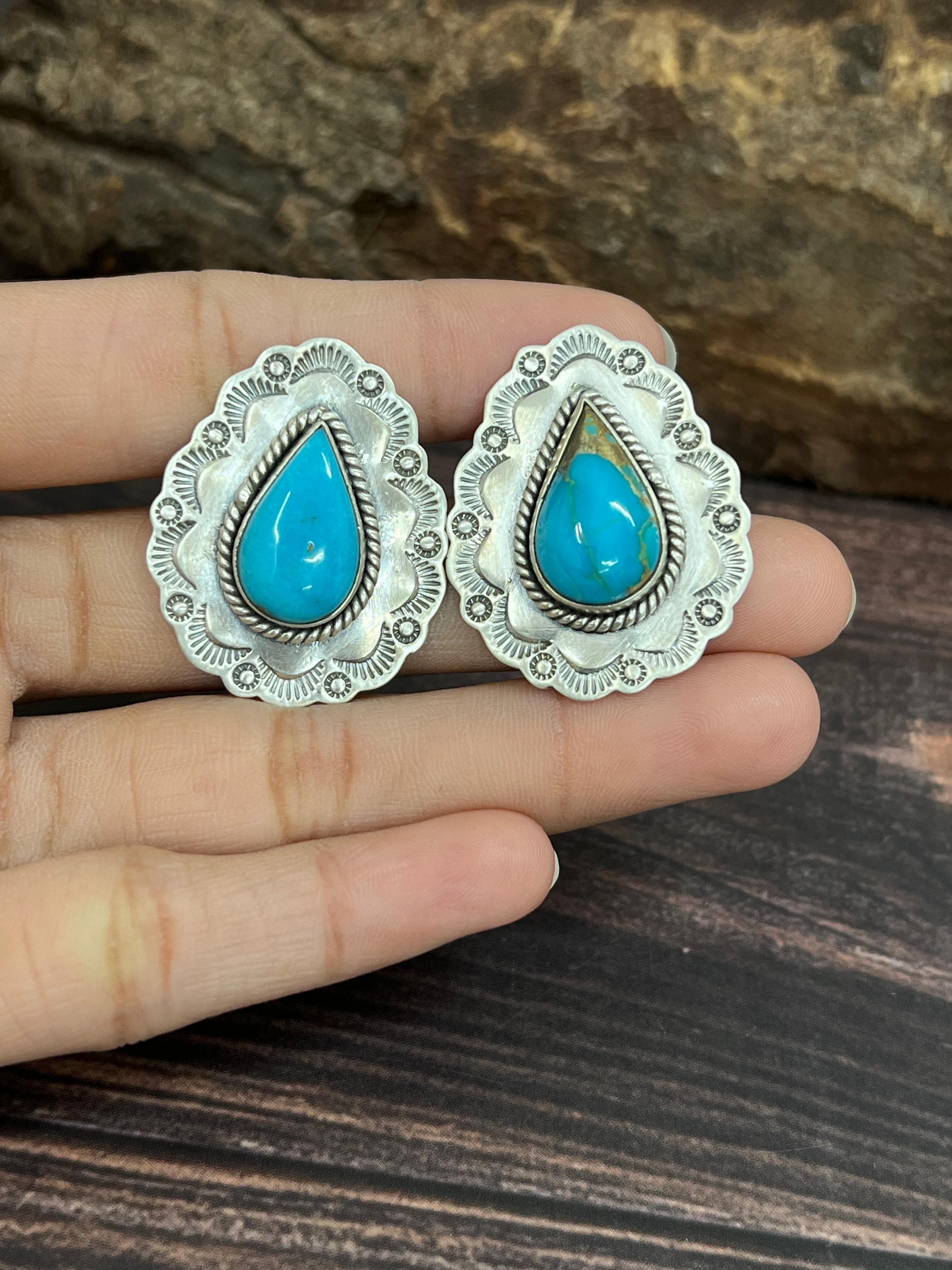 Handmade Sterling Silver South Hill Turquoise Post Studs with Signed Nizhoni