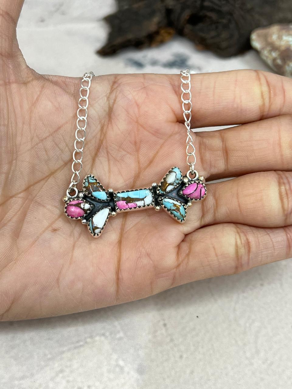 Handmade Sterling Silver Cotton Candy Turquoise Necklace with Signed Nizhoni