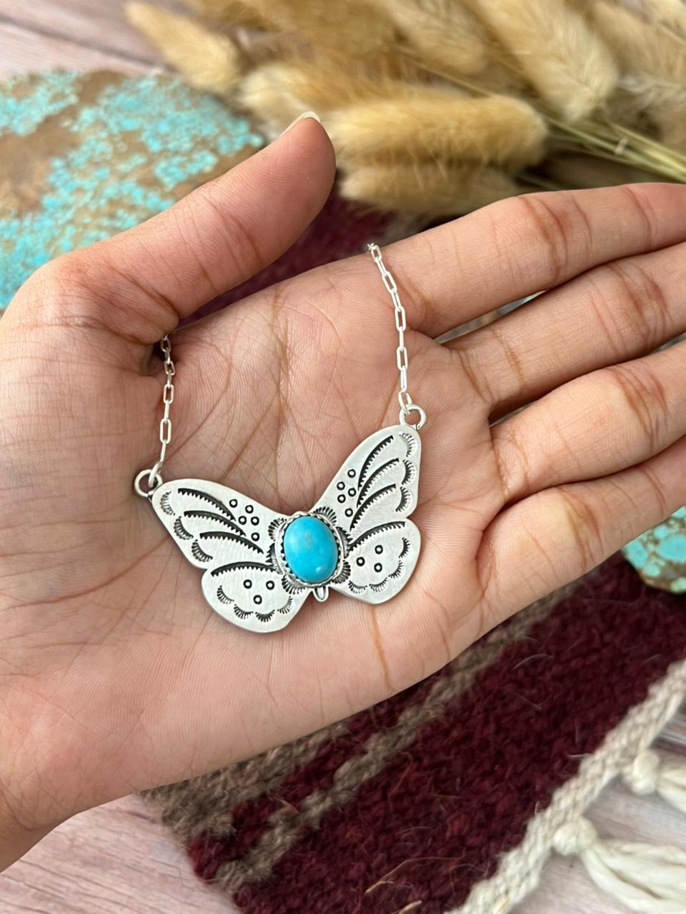 Handmade Sterling Silver Blue Turquoise Butterfly Necklace "Signed Nizhoni"