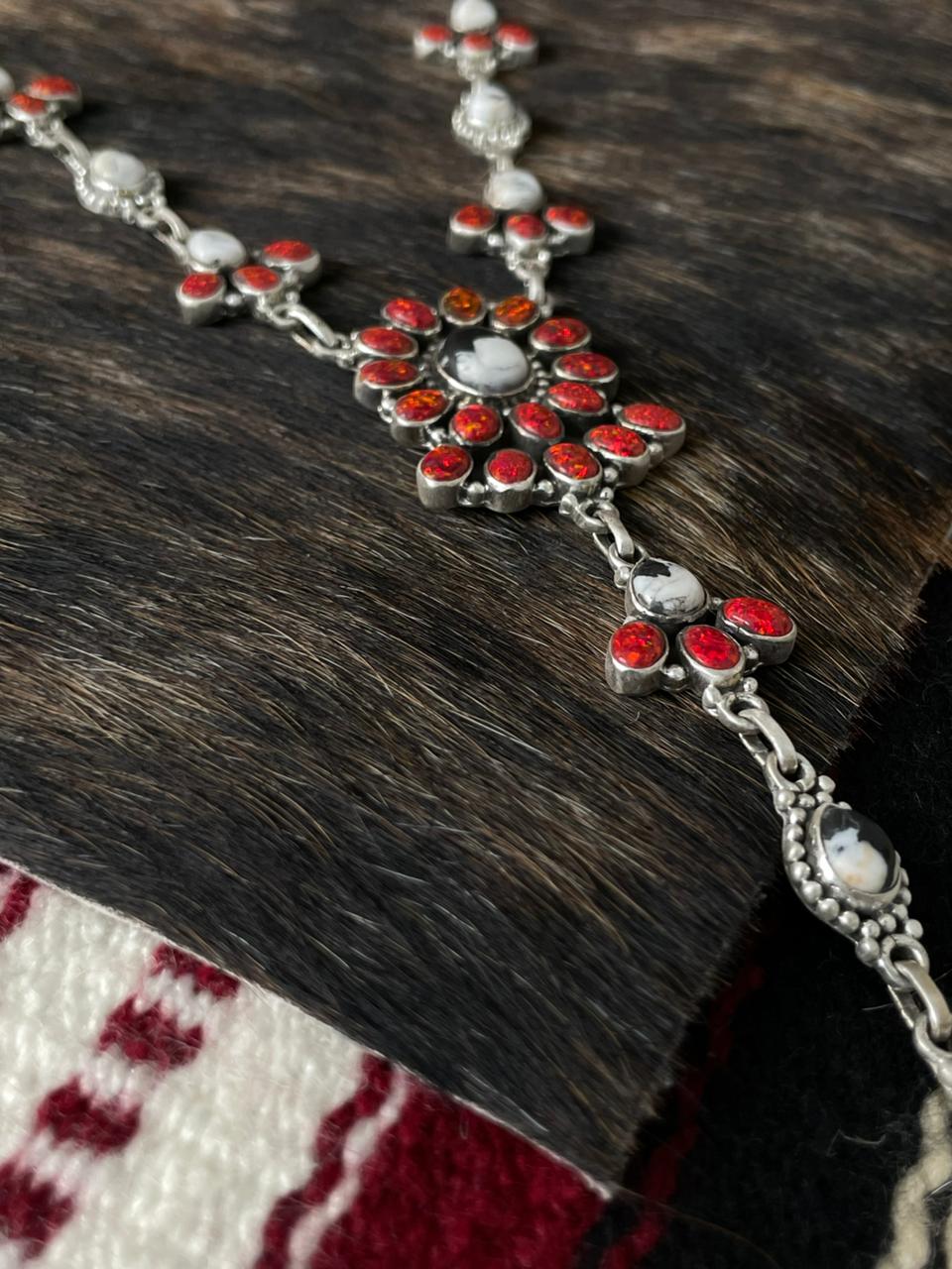 Handmade Sterling Silver White Buffalo with Red Opal Necklace "Signed Nizhoni"