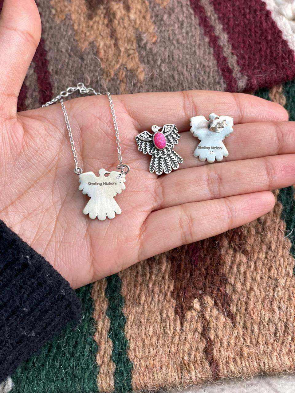 Handmade Sterling Silver Hot Pink Necklace Earrings Set "Signed Nizhoni"