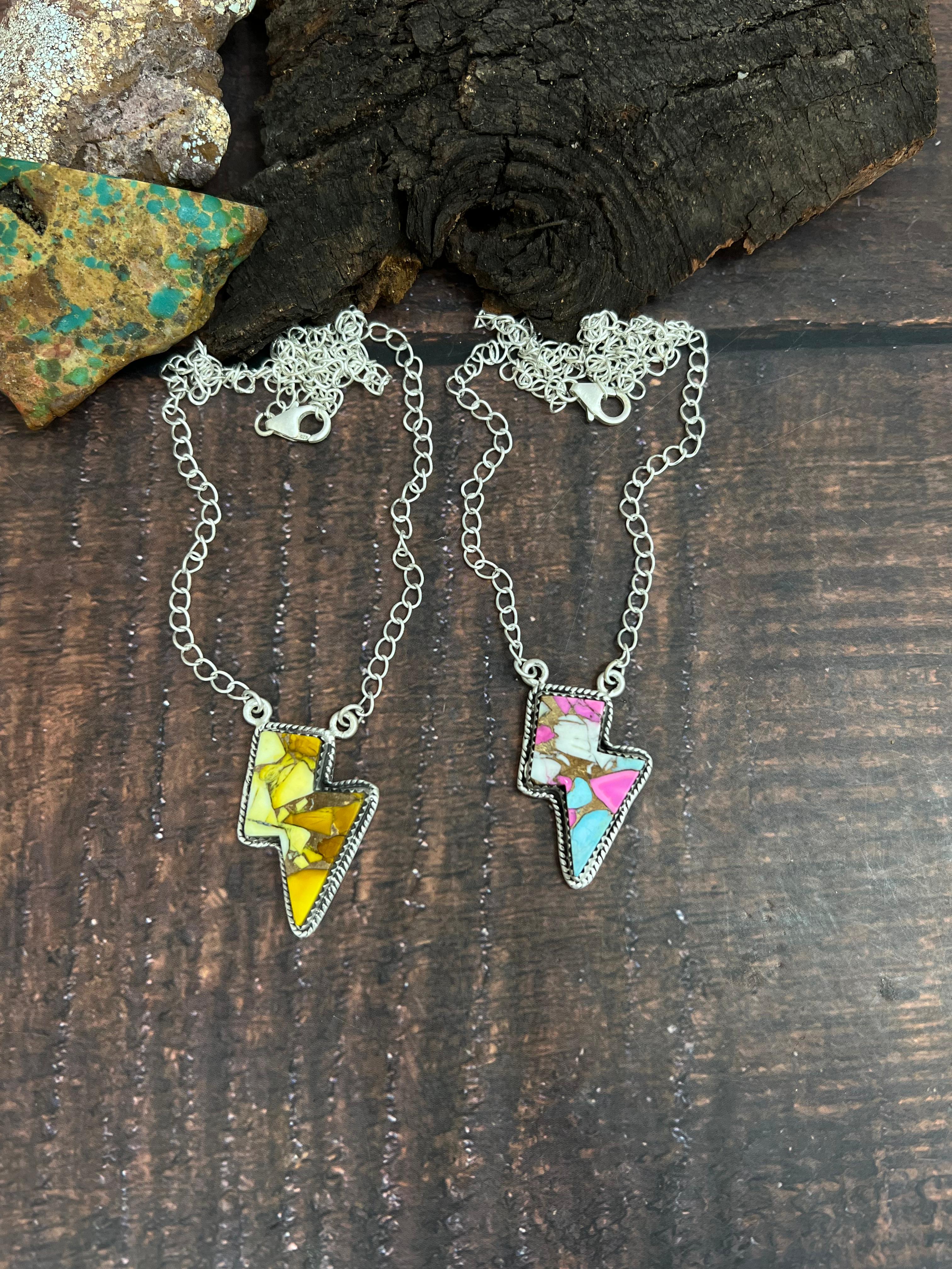 Handmade Sterling Silver Cotton Candy, Honey Dahlia Lightning Bolt Necklace Signed Nizhoni (3)