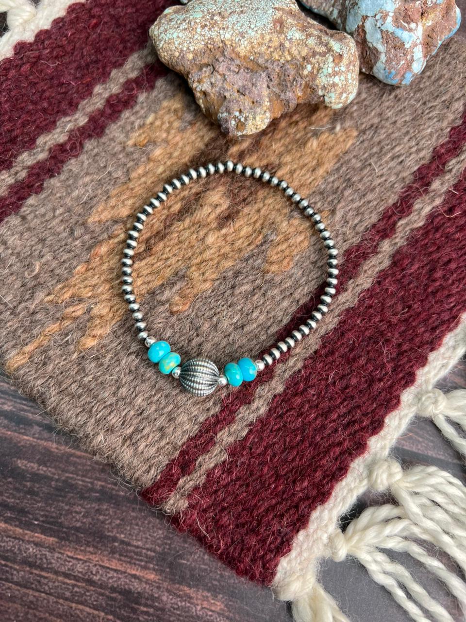 Handmade Sterling Silver Beaded Kingman Turquoise Bracelet