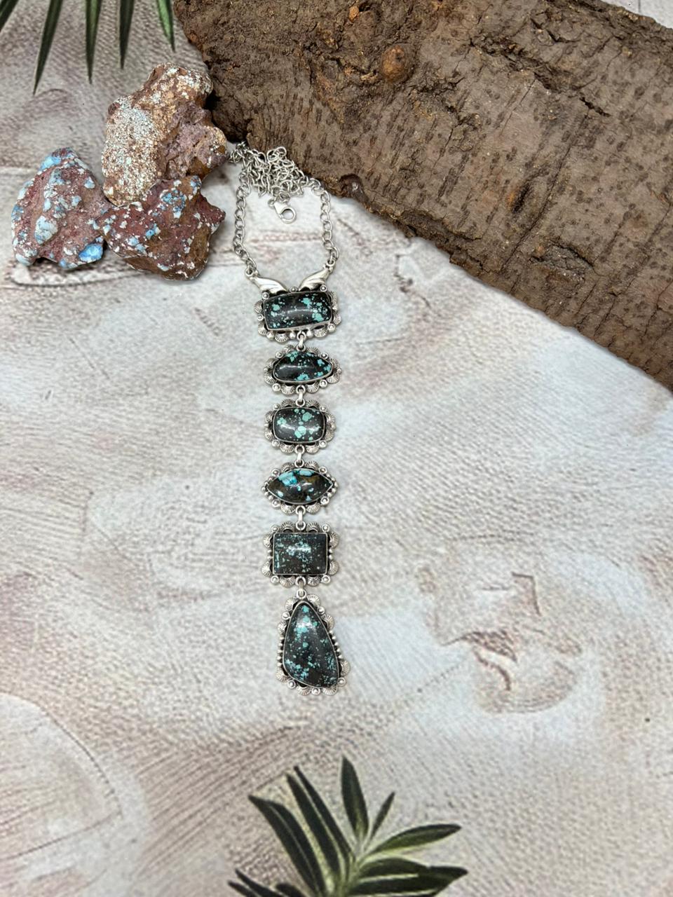 Handmade Sterling Silver Lander Turquoise Necklace with Signed Nizhoni