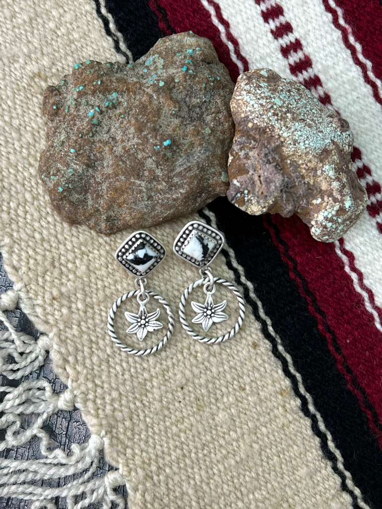 Handmade Sterling Silver White Buffalo Post Dangle Earrings "Signed Nizhoni"