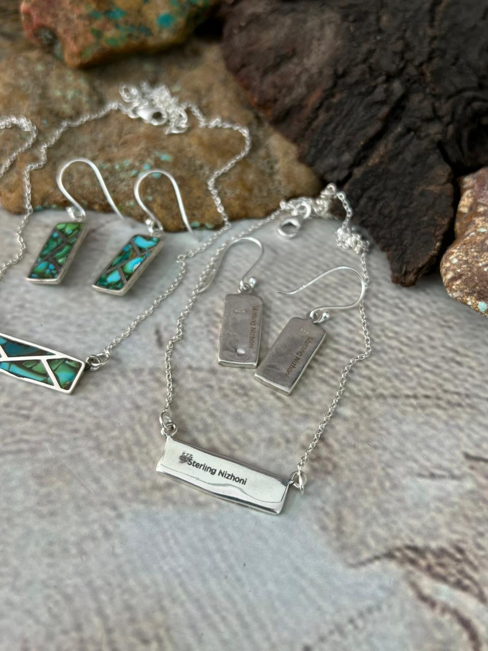 Handmade Sterling Silver Multi Stone INLAY Necklace Earrings Set "Signed Nizhoni"