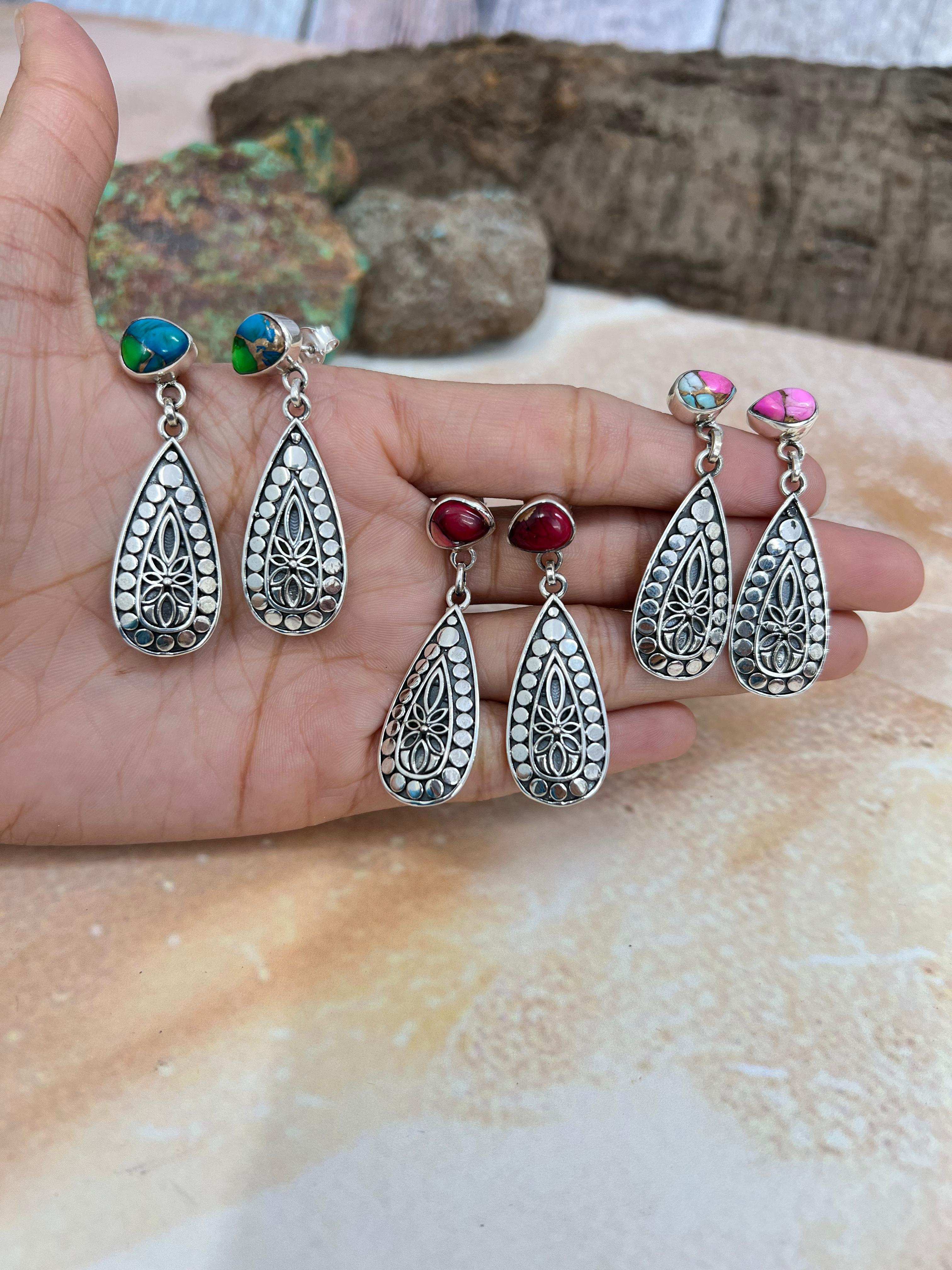 Handmade Sterling Silver Peacock Dahlia, Dahlia Rose, Cotton Candy Turquoise Post Earrings with Signed Nizhoni