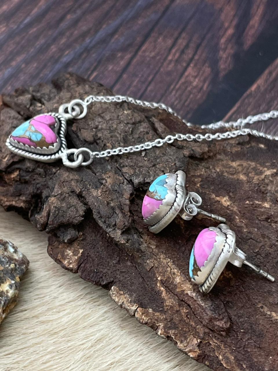Handmade Sterling Silver Cotton Candy Necklace Earrings Set "Signed Nizhoni"