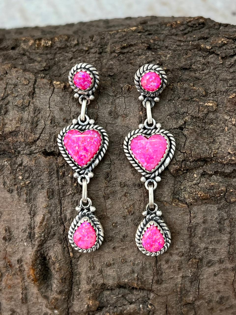 Handmade Sterling Silver Hot Pink Post Dangle Earrings "Signed Nizhoni"