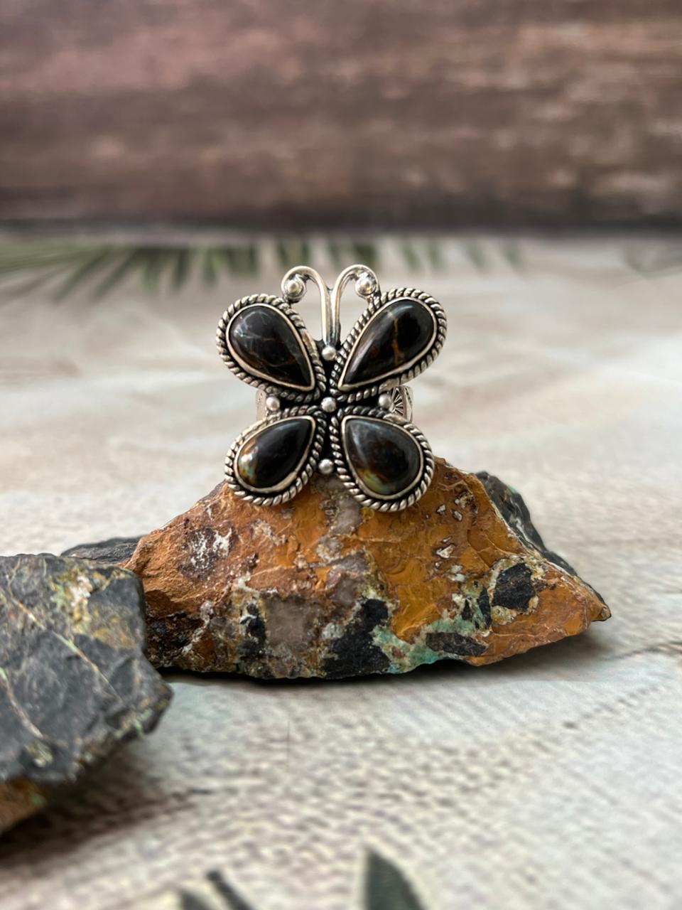 Handmade Sterling Silver Blackjack Turquoise Butterfly Adjustable Ring " Signed Nizhoni"