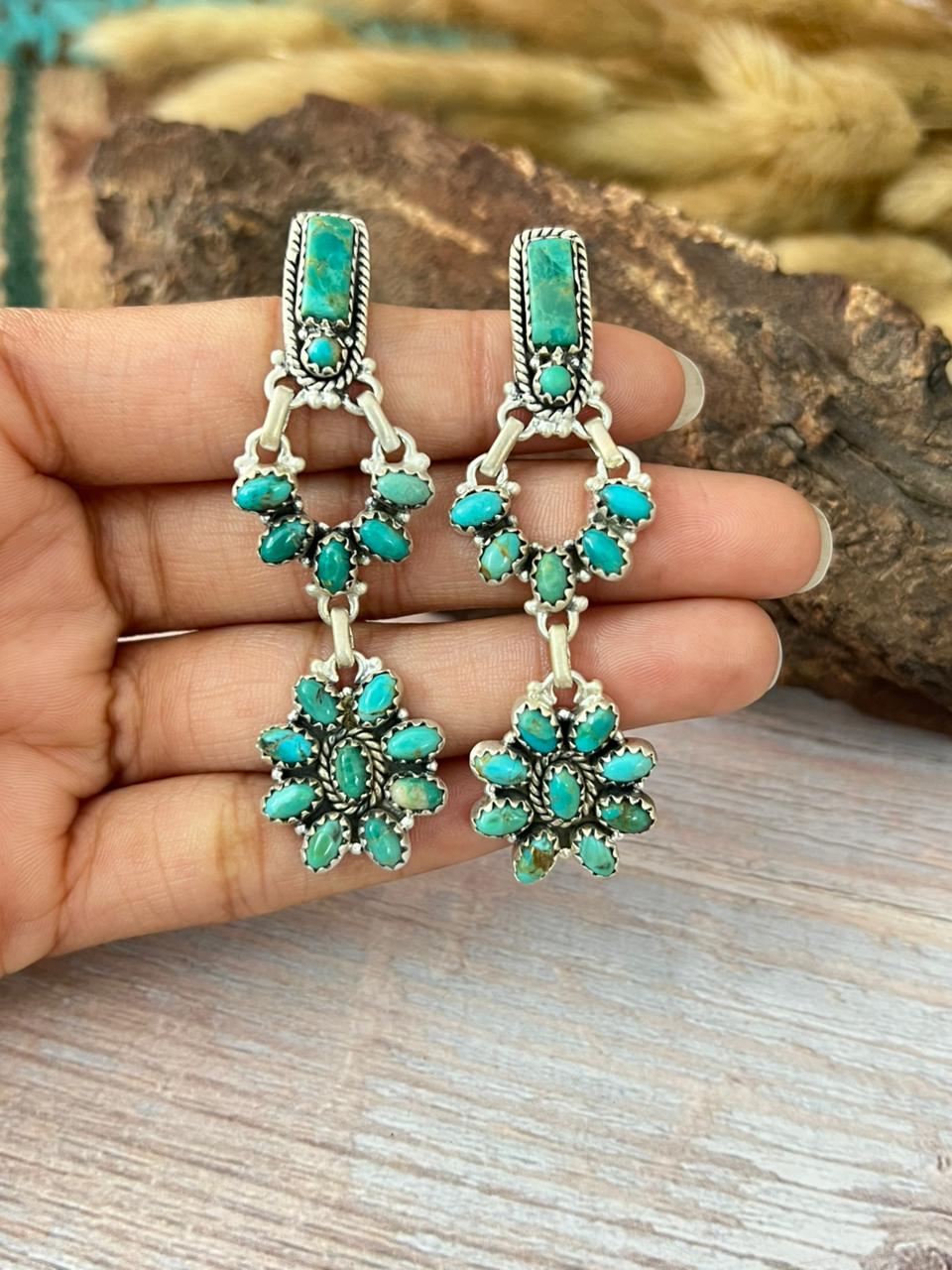 Handmade Sterling Silver Kingman Turquoise Post Dangle Earrings "Signed Nizhoni"
