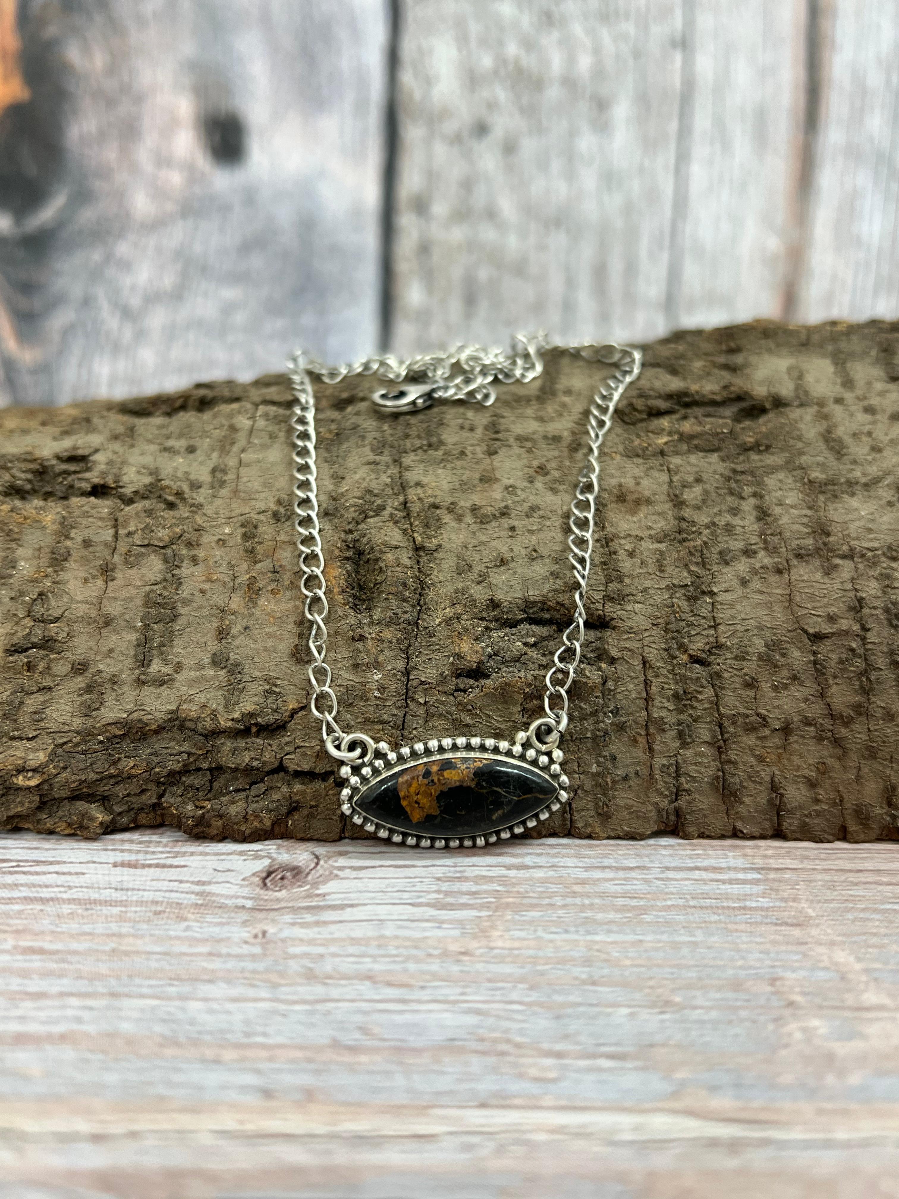 Handmade Sterling Silver Black Jack Necklace with Signed Nizhoni