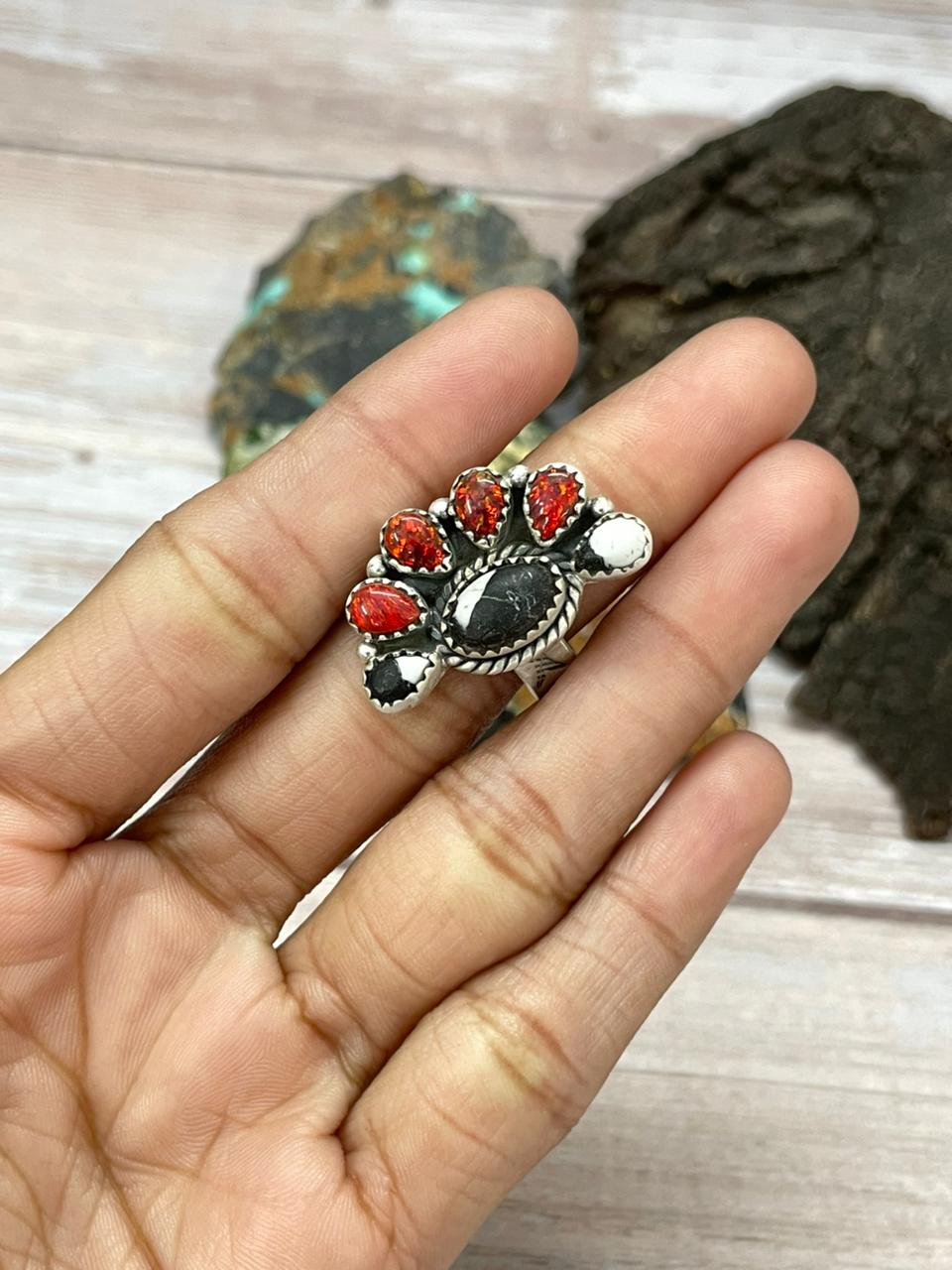 "Christmas Collection" Handmade Sterling Silver White Buffalo with Red Opal Adjustable Ring "Signed Nizhoni"