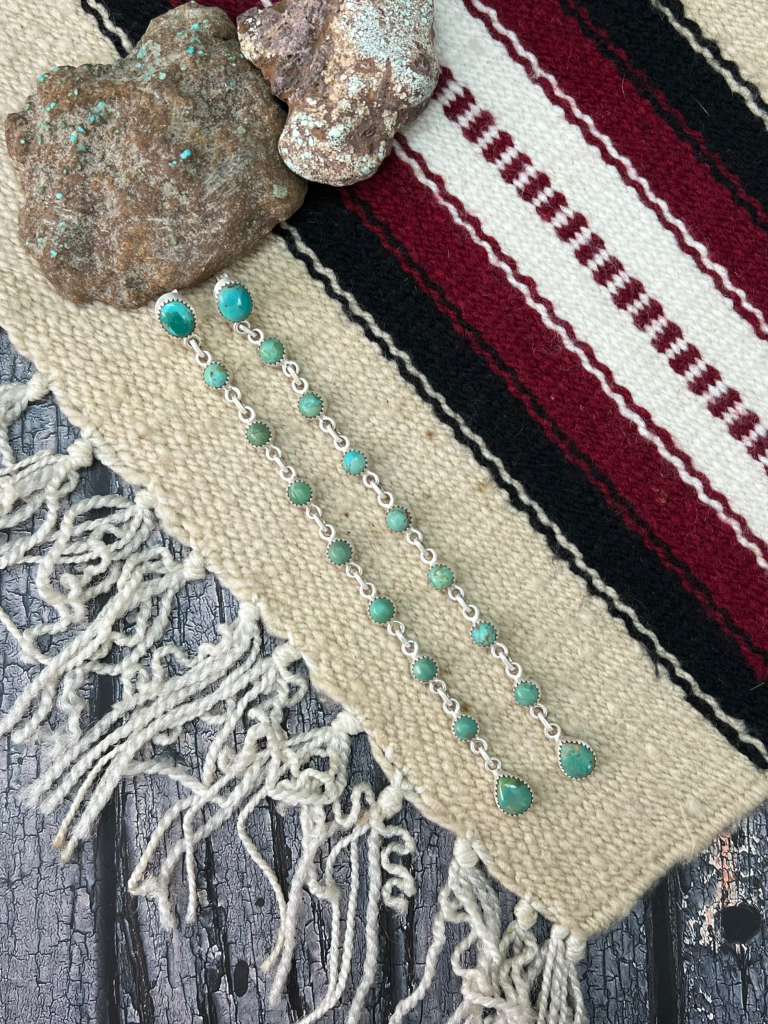 Handmade Sterling Silver Kingman Turquoise Post Dangle Earrings with Signed Nizhoni